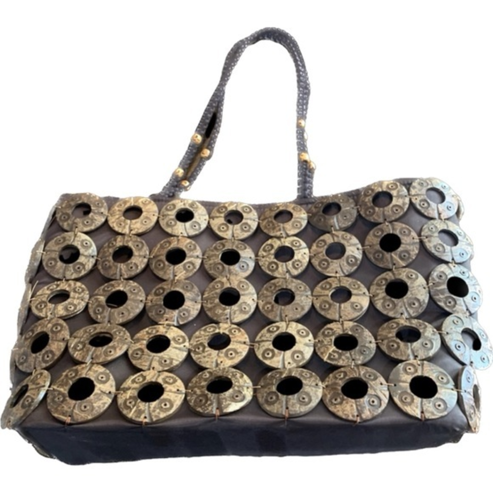 Brown Cloth Coconut Shell Covered Tote style handbag TILE HANDBAG Zip‎